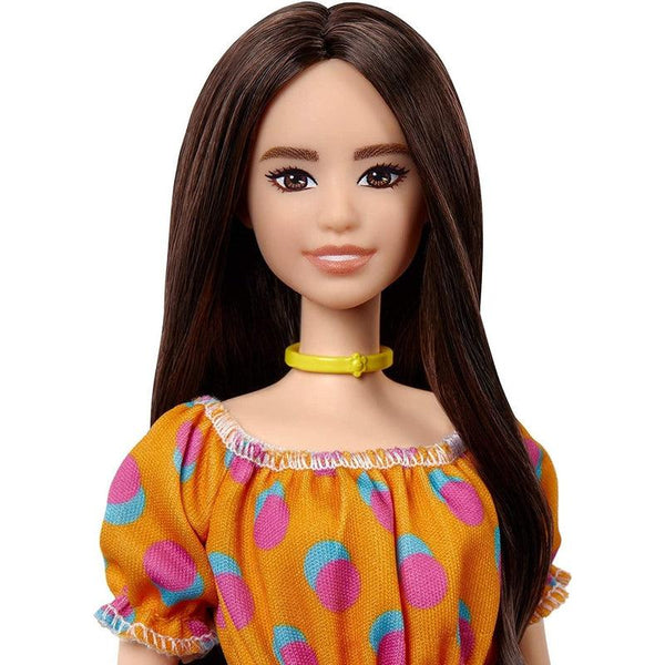 Barbie Fashionistas Doll #182 with Wavy Brunette Hair & Headband in Orange  Floral Dress & Heels