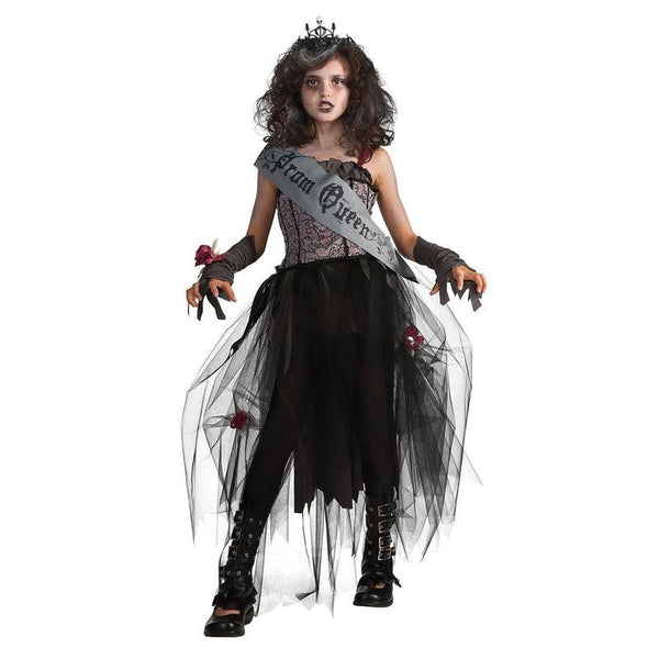 Girls Gothic Prom Queen Zombie Halloween Fancy Dress Childs Kids Costu