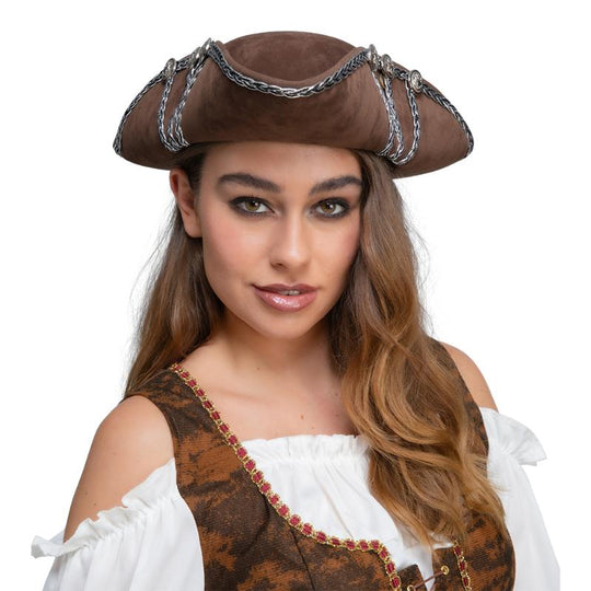 Brown Pirate Hat with Silver Trim - Wicked Costumes Adult Fancy Dress