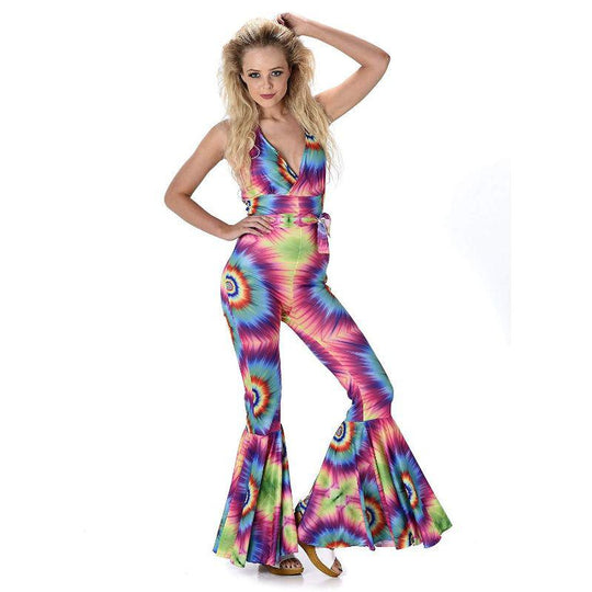 Karnival Tie Dye Hippie Jumpsuit Women's Fancy Dress Costume