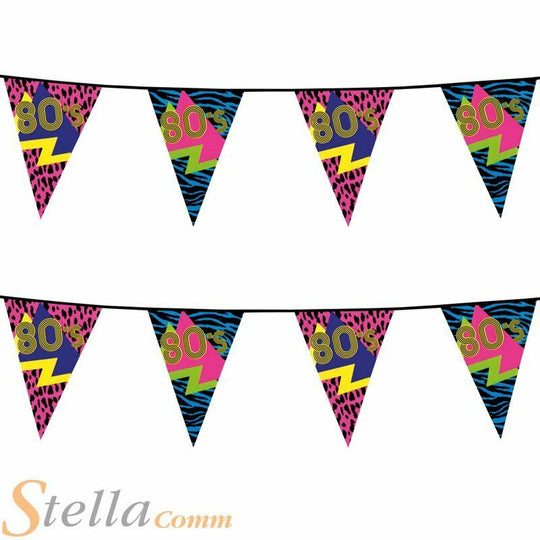 6m 80s Triangular Bunting Retro Neon 1980s Pennant Flag Party Decoration