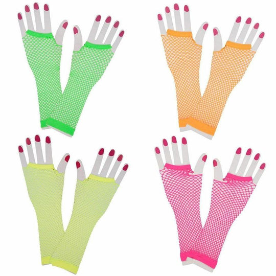 80s Fishnet Long Mesh Gloves Neon Fancy Dress Accessory Rave Punk Ladies Rock