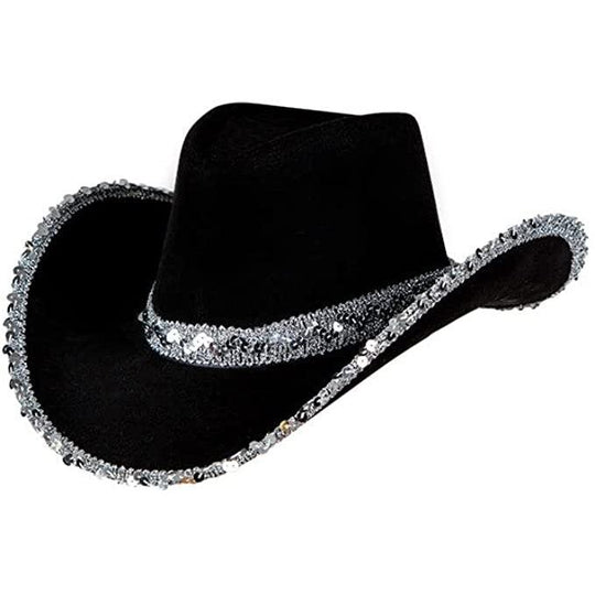 Adult Black Texan Cowgirl Hat with Silver Sequins Fancy Dress Party Accessory