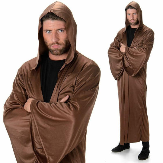 Adult Brown Hooded Robe Fancy Dress Costume Medieval Cloak Mens Outfit