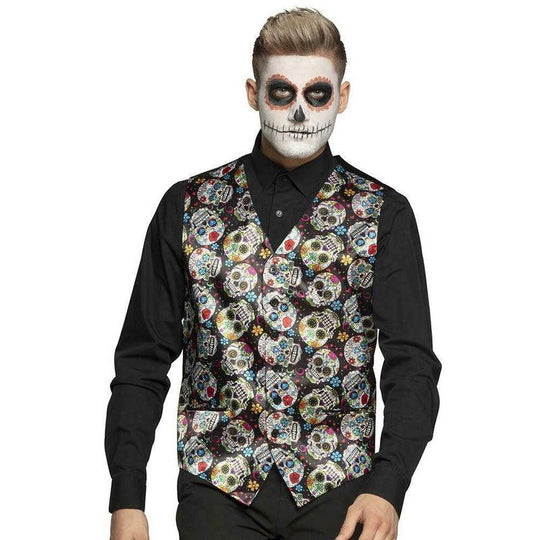 Adult Day Of The Dead Skull Waistcoat Mens Halloween Fancy Dress