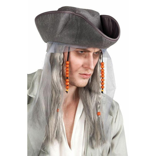 Adult Mens Ghost Pirate Wig & Hat Halloween Fancy Dress Costume Accessory