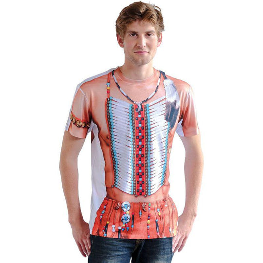 Adult Men's Photo Realistic Shirt Indian Chief Fancy Dress Costume T-Shirt