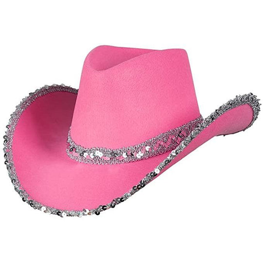 Adult Texan Cowgirl Hat Fancy Dress Party Accessory - Pink Silver Sequins