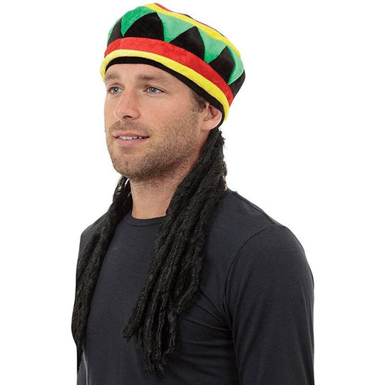 Adult Unisex Jamaican Rasta Beanie Hat with Dreadlocks Fancy Dress Accessory