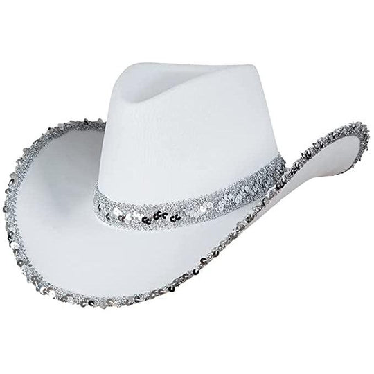 Adult White Texan Cowgirl Hat with Silver Sequins Fancy Dress Party Accessory