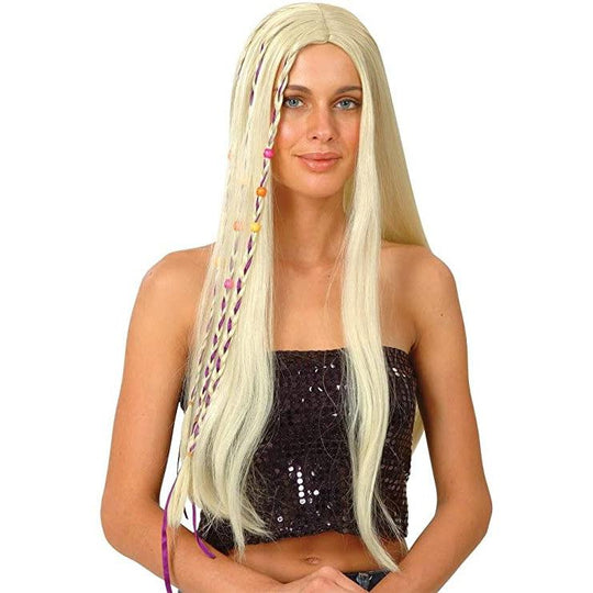 Adult Women's 60s 70s Groovy Hippie Hippy Wig - Blonde with Pink Braids