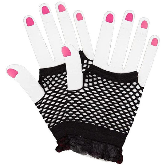 Adult Women's 80s Mesh Fingerless Net Gloves Lace Trim Fancy Dress Accessory