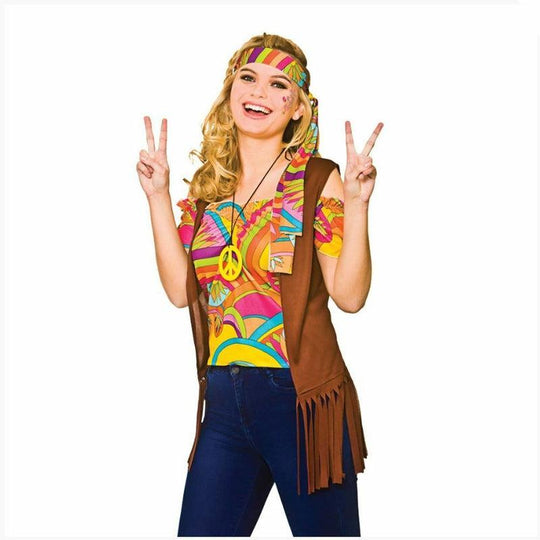 Adult Women's Cool Hippie Hippy Top & Waistcoat Fancy Dress Costume