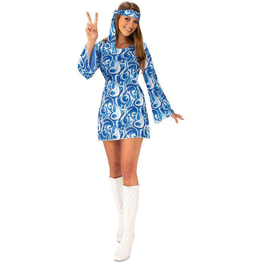 Adult Women's Flower Power Hippie Girl 1960s 1970s Fancy Dress Costume