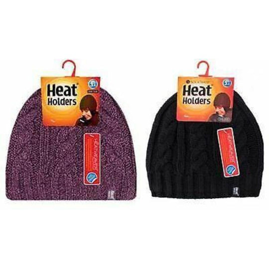 Adult Women's Heat Holders Winter Thermal Beanie Hat - Purple/Black