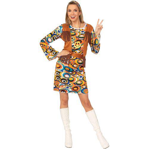 Adult Women's Hippie Hippy Mod Fancy Dress Costume with Waistcoat
