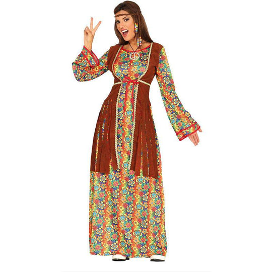 Adult Women's Hippy Hippie Dress & Waistcoat Fancy Dress Costume Party Outfit