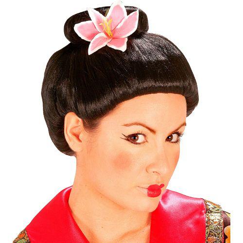Adult Women's Oriental Fujiko Geisha Wig with Pink Flower Fancy Dress Accessory