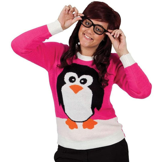 Adult Women's Penguin Cheesy Christmas Party Jumper - Pink