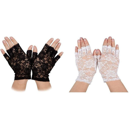 Adult Women's Short Lace Fingerless Gloves 80s Fancy Dress Accessory