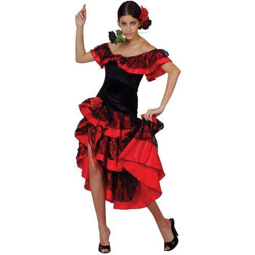 Adult Women's Spanish Senorita Fancy Dress Costume & Rose Headpiece