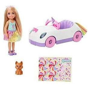 Barbie Club Chelsea Doll with Rainbow Unicorn Car & Pet Puppy Playset
