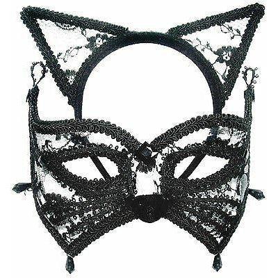 Black Lace Cat Mask & Ears Masquerade Ball Mask On Headband Fancy Dress