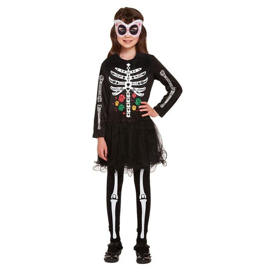 Day of the Dead Girls Halloween Fancy Dress Mexican Skeleton Childs Kids Costume