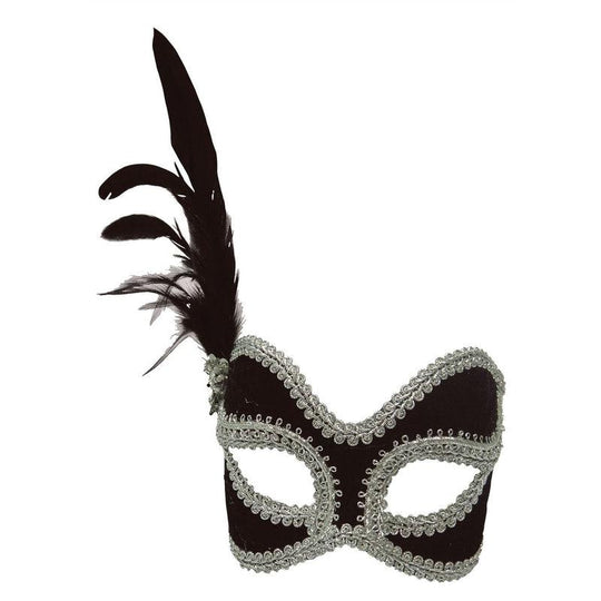 Female Eye Mask, Feather, Polyester, Acrylic Stone, Black and Silver, One Size