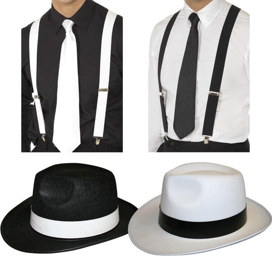 Gangster Felt Trilby Hat Braces & Tie Fancy Dress 20s Mafia Al Capone Costume