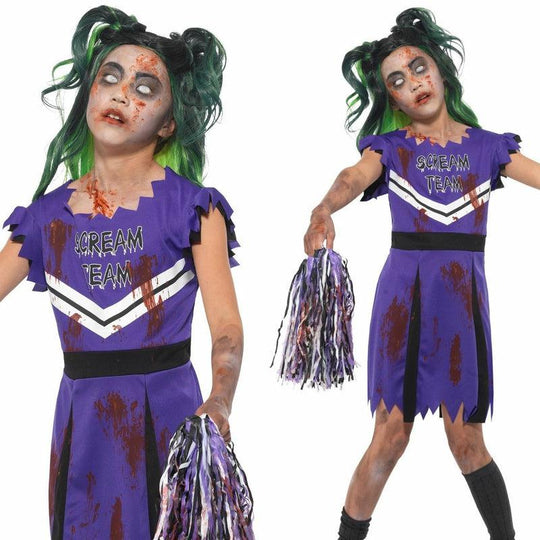 Girls Dark Cheerleader Costume Zombie School Girl Halloween Fancy Dress Outfit