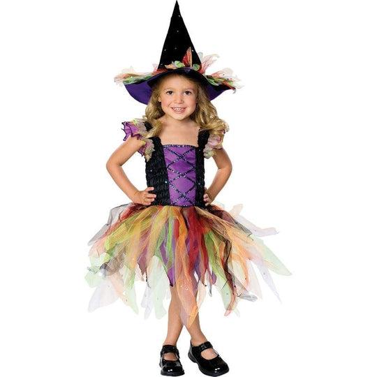 Girls Glitter Witch Costume Pretty Halloween Child Fancy Dress Outfit