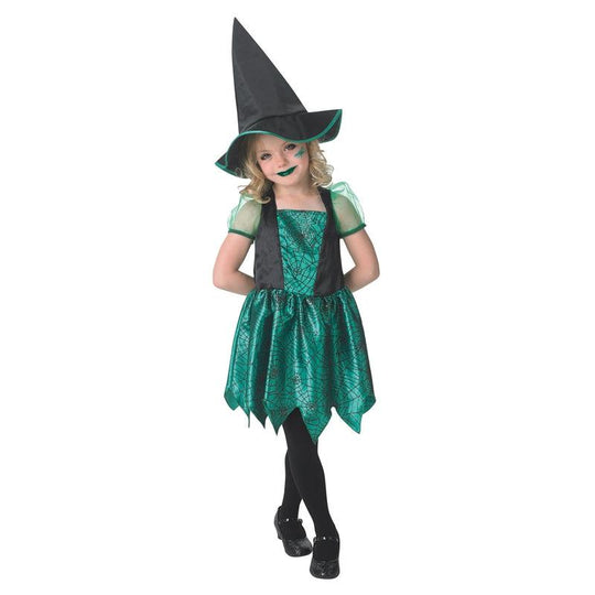 Girls Green Spider Witch Costume Fancy Dress Halloween Kids Childs Outfit & Hat