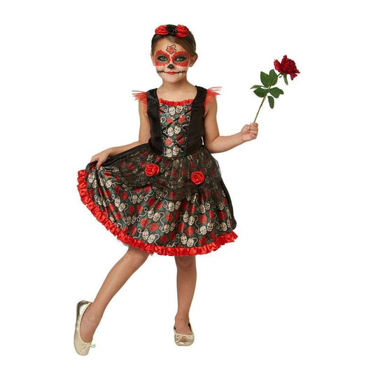 Girls Red Rose Day Of The Dead Costume Halloween Mexican Fancy Dress Outfit