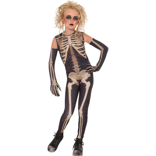 Girls Skeleton Fancy Dress Costume Halloween Skelee Bones Horror Child Outfit