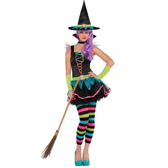 Girls Teen Neon Witch Costume Child Halloween Fancy Dress Outfit Ages 10-16