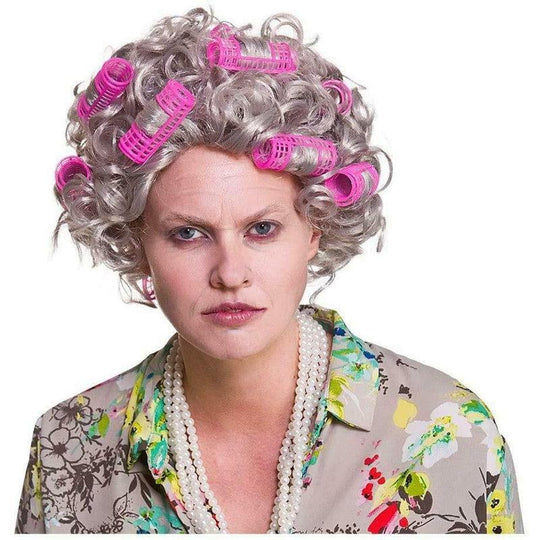 Grey Granny Wig with Pink Rollers Fancy Dress Accessory