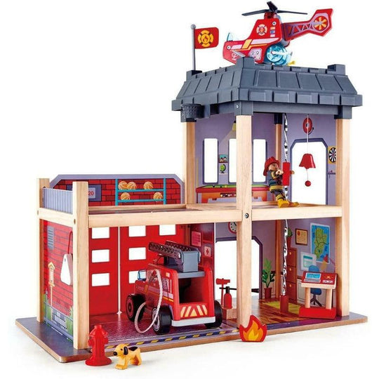 Hape Fire Station Kids Fireman Toy Playset - Includes Fire Engine & Helicopter!