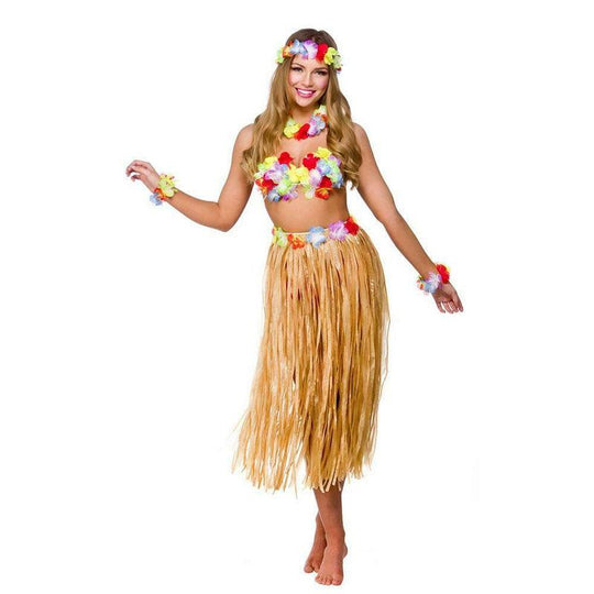 Hawaiian Party Girl 5 Piece Set Summer Festival Party Outfit Skirt, Bra & Leis