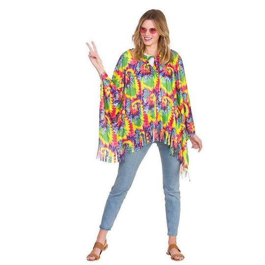 Hippie Tie Dye Poncho 70s Fancy Dress Costume
