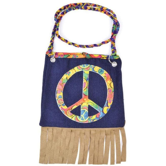 Hippy Handbag Hippie 60s 70s Peace Sign Bag Fancy Dress Accessory - Navy Blue