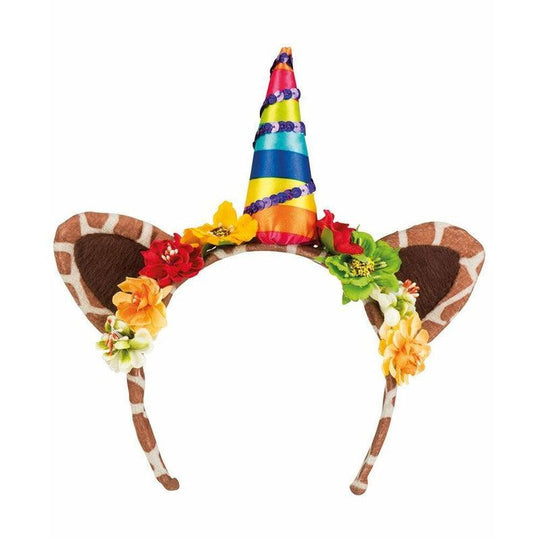 Jungle Unicorn Horn Tiara Headband With Flowers Ladies Fancy Dress Accessory