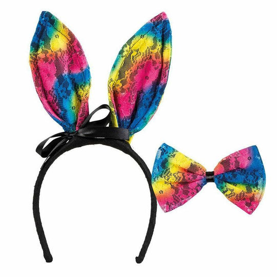 Lace Rainbow Bunny Ears Headband & Bow Tie Set Carnival Gay Pride Fancy Dress
