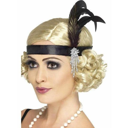 Ladies 1920's Black Charleston Feather Headband Flapper Gangster 20s Fancy Dress