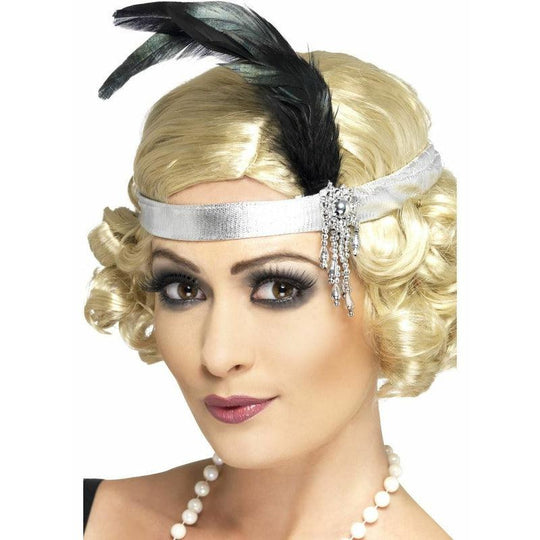 Ladies 1920s Silver Charleston Feather Headband Flapper Gangster 30s Fancy Dress