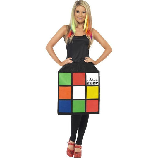 Ladies 3D Rubiks Cube Fancy Dress Costume 80s 1980s Retro Puzzle Oufit Size 8-18