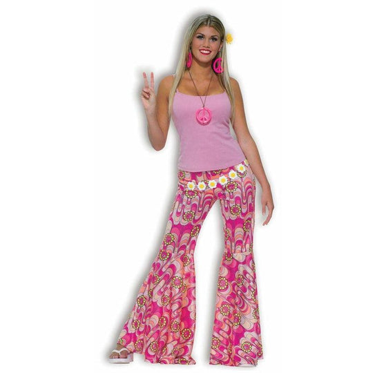 Ladies 60s 70s Hippy Flower Power Bell Bottom Flares Womens Fancy Dress Costume