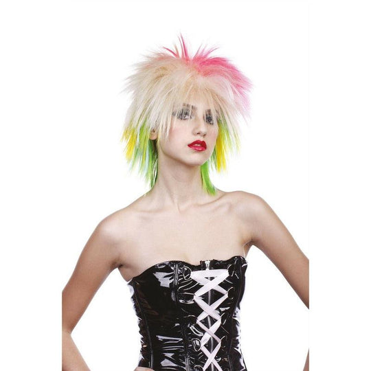 Ladies 80s Multi Coloured Female Wig Pop Star Neon Fancy Dress Costume Accessory