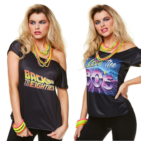 Ladies 80's T-Shirt Black Top Festival Fancy Dress Womens Outfit