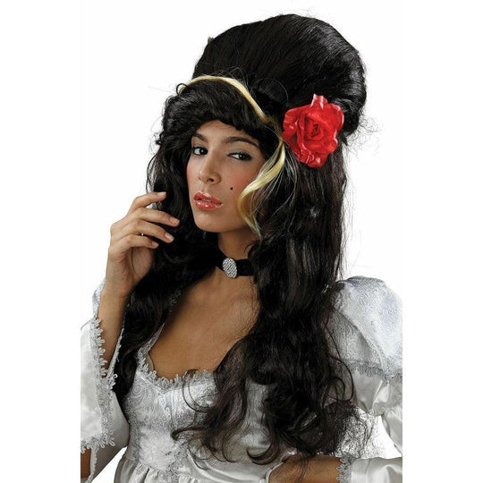 Ladies Amy Winehouse Beehive Wig With Red Rose Fancy Dress Costume Accessory